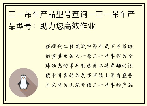 三一吊车产品型号查询—三一吊车产品型号：助力您高效作业