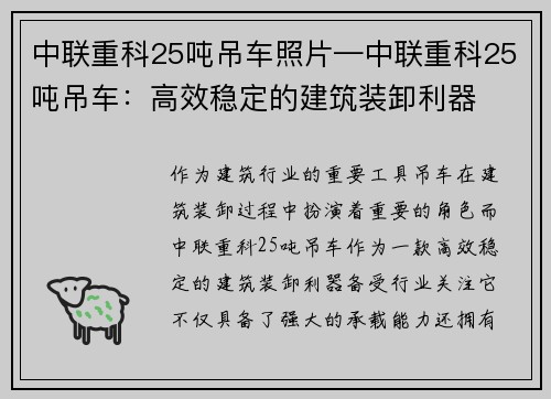 中联重科25吨吊车照片—中联重科25吨吊车：高效稳定的建筑装卸利器