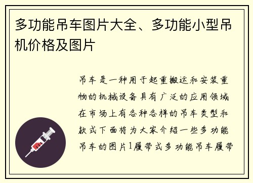 多功能吊车图片大全、多功能小型吊机价格及图片