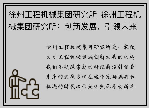 徐州工程机械集团研究所_徐州工程机械集团研究所：创新发展，引领未来