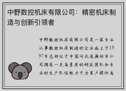 中野数控机床有限公司：精密机床制造与创新引领者