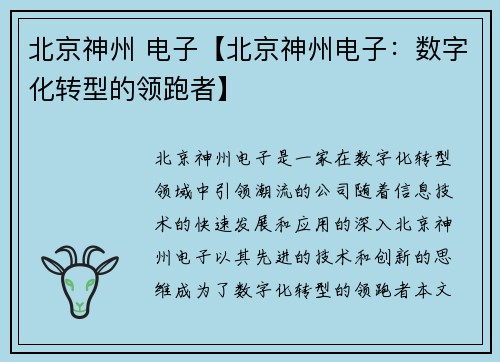 北京神州 电子【北京神州电子：数字化转型的领跑者】